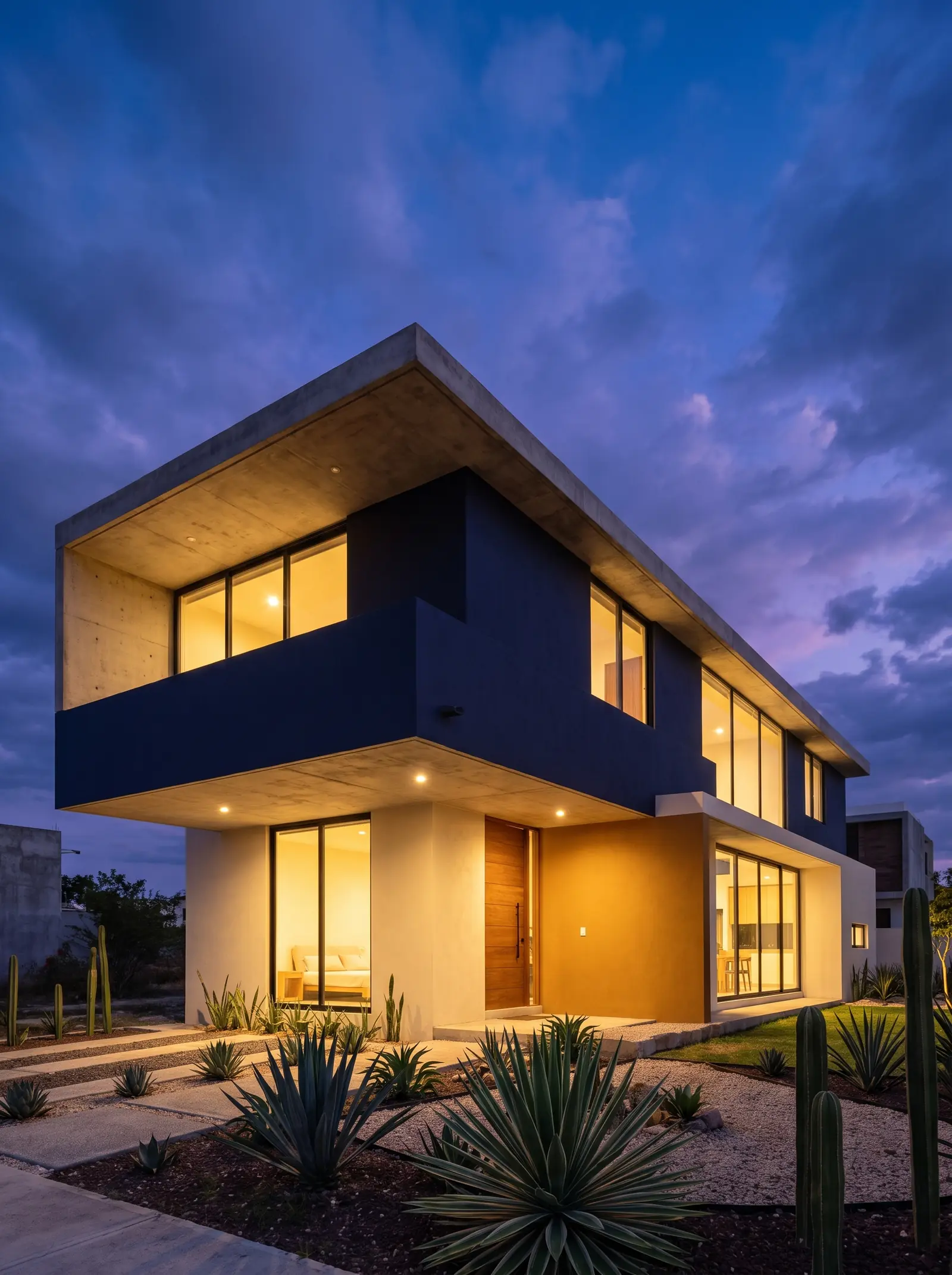 Casa contemporánea al anochecer con volumen azul marino