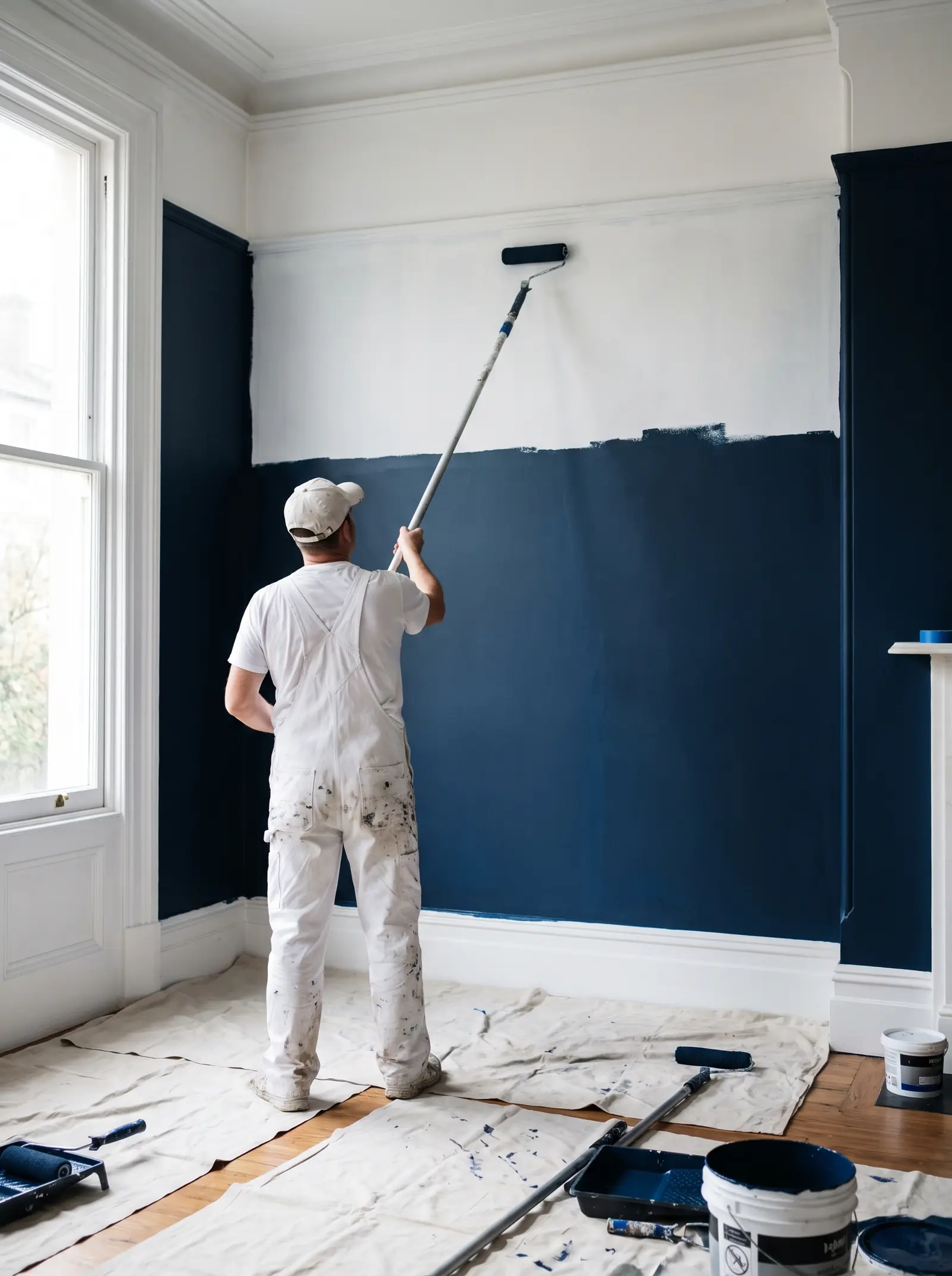 Pintor profesional aplicando pintura azul con rodillo