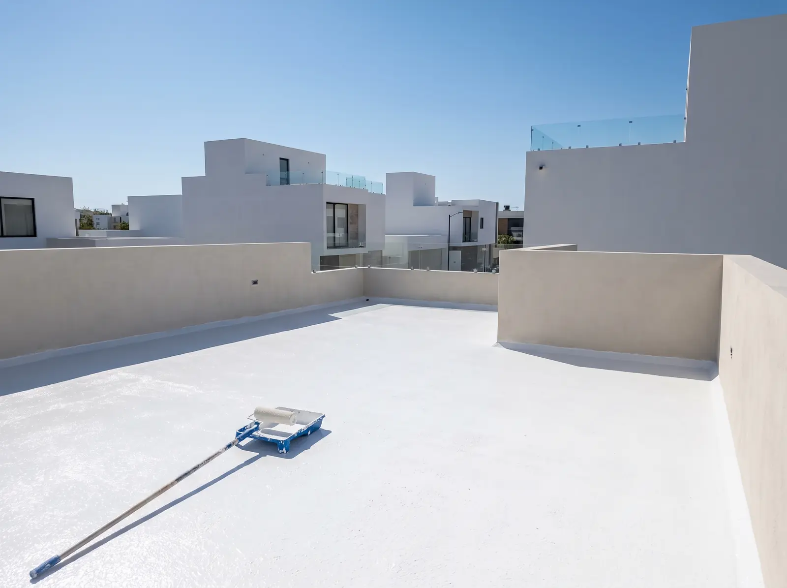 Azotea de casa contemporánea recién impermeabilizada en blanco